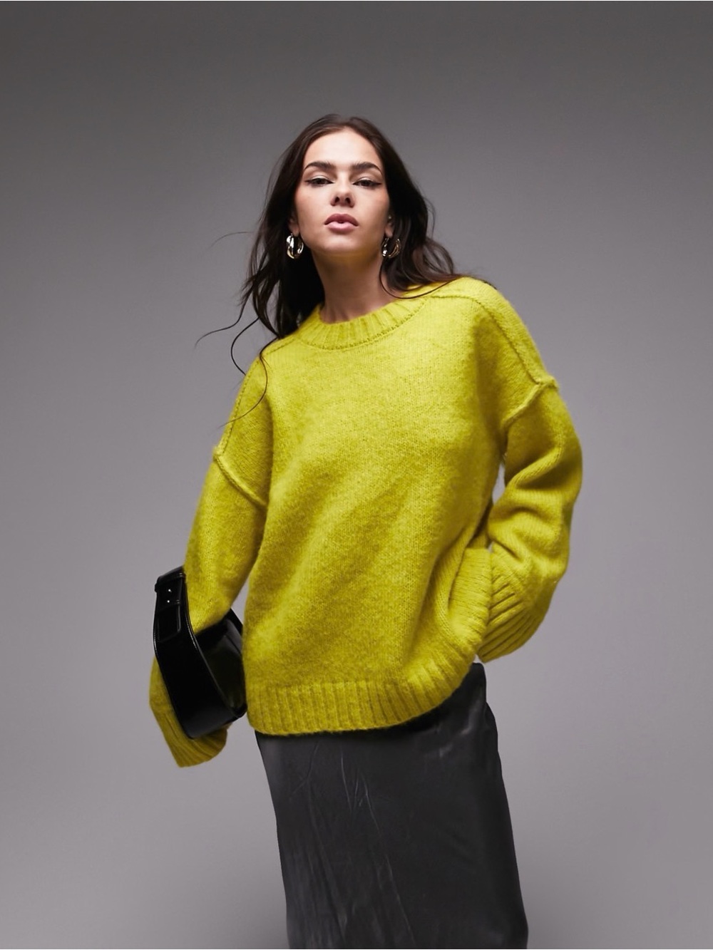 Topshop knitted relaxed crew neck exposed seam sweater in green/bright yellow - Picture 5 of 6